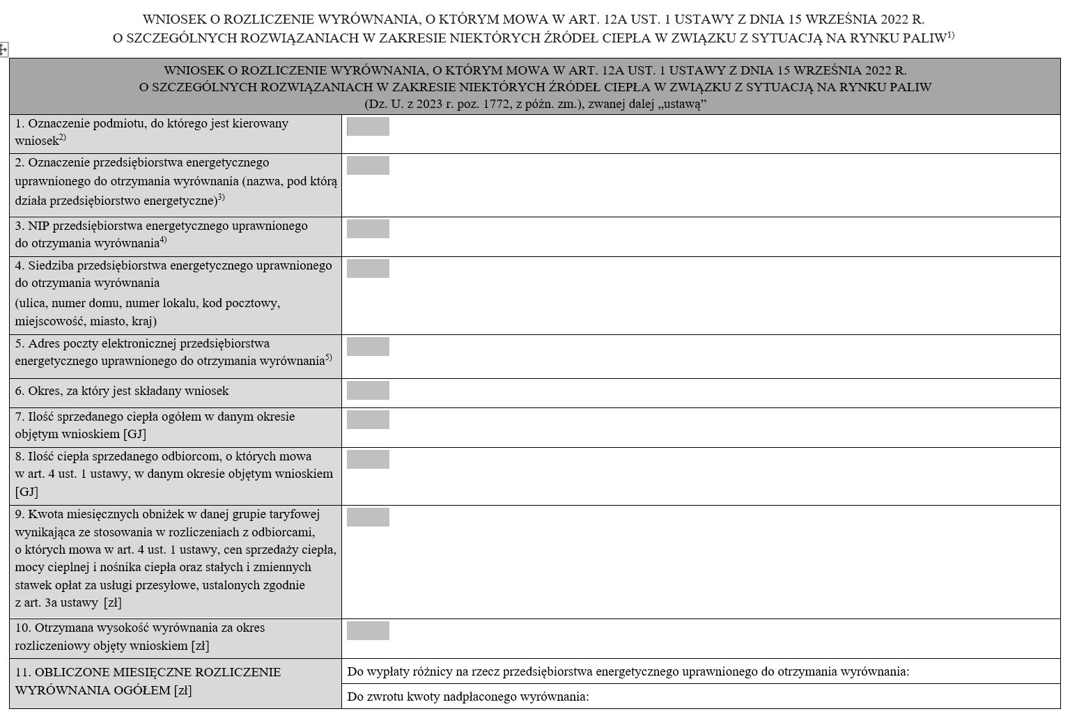 Wniosek o rozliczenie wyrównania, o którym mowa w art. 12a ust. 1 ustawy z dnia 15 września 2022 r. o szczególnych rozwiązaniach w zakresie niektórych źródeł ciepła w związku z sytuacją na rynku paliw