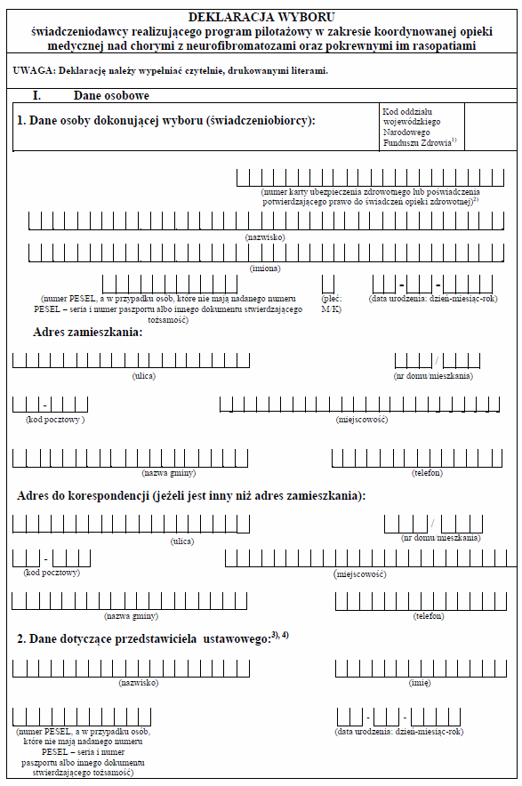 Wzory programu pilotażowego w zakresie koordynowanej opieki medycznej nad chorymi z neurofibromatozami oraz pokrewnymi im rasopatiami
