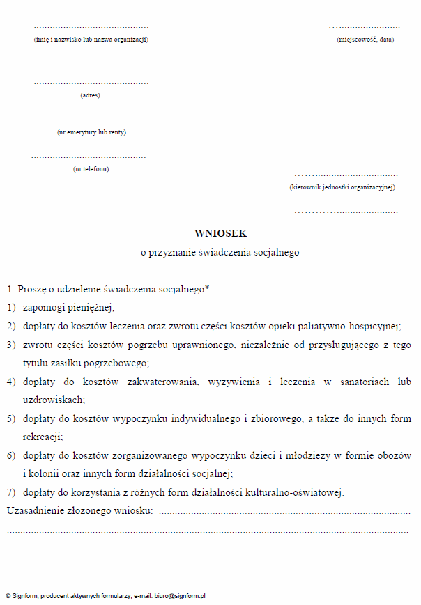 Wniosek o przyznanie świadczenia socjalnego emerytom i rencistom Policji, Straży Granicznej, Straży Marszałkowskiej, Biura Ochrony Rządu, Służby Ochrony Państwa, Państwowej Straży Pożarnej, Służby Celnej i Służby Celno-Skarbowej oraz ich rodzin