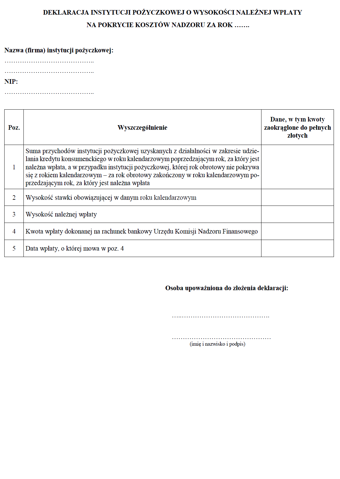 Wzory Deklaracji instytucji pożyczkowej o wysokości należnej wpłaty na pokrycie kosztów nadzoru