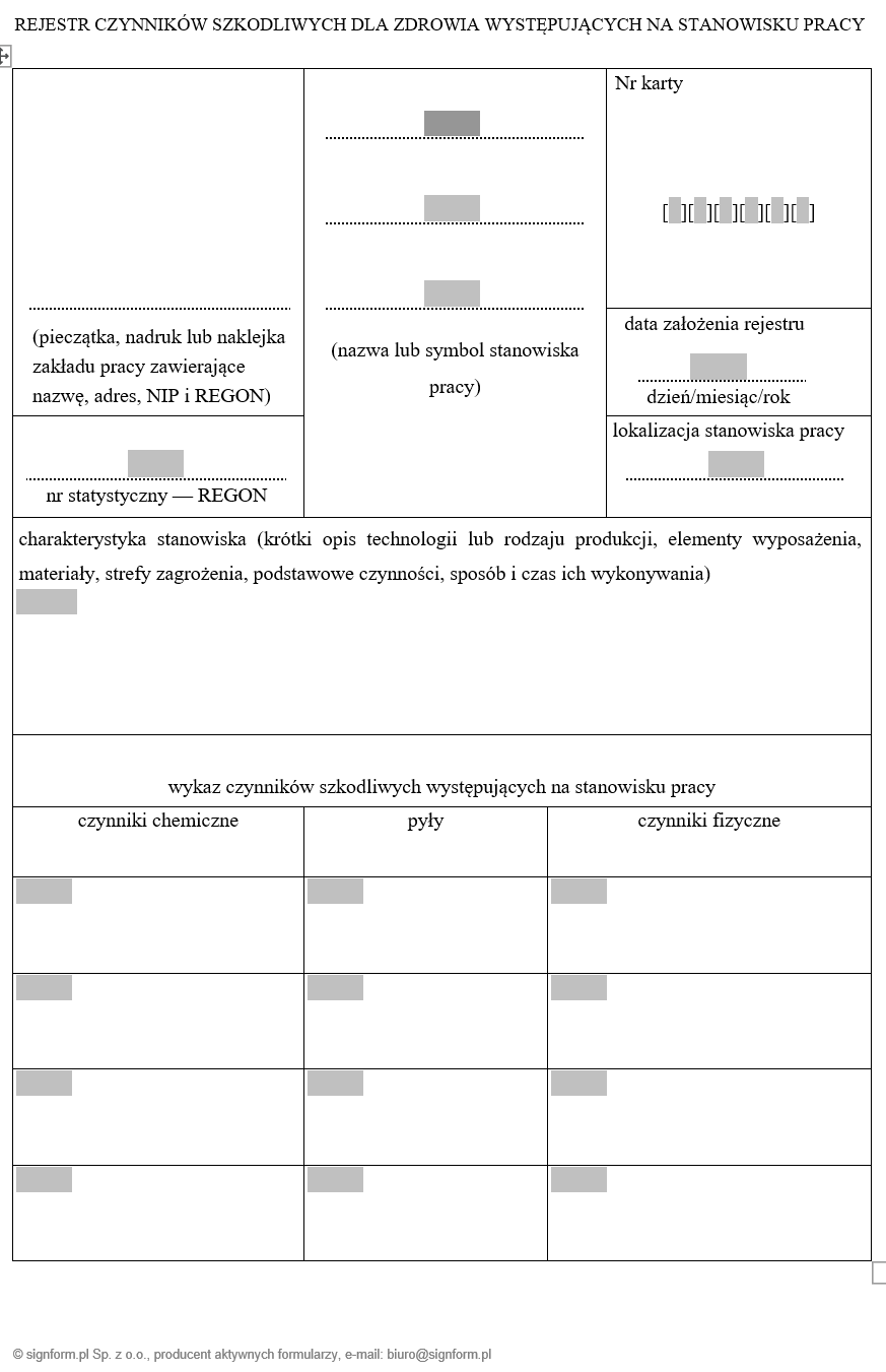 Wzory dotyczące badań i pomiarów czynników szkodliwych dla zdrowia w środowisku pracy