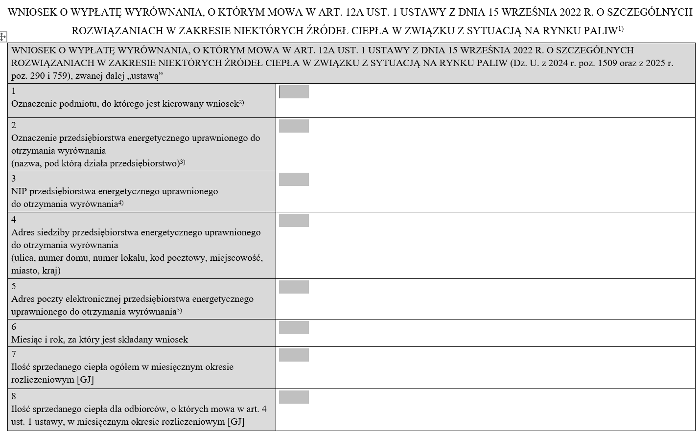 Wnioski o wypłatę / rozliczenie wyrównań o których mowa w art. 12a ust. 1 oraz art. 12c ust. 1 ustawy z dnia 15 września 2022 r. o szczególnych rozwiązaniach w zakresie niektórych źródeł ciepła w związku z sytuacją na rynku paliw