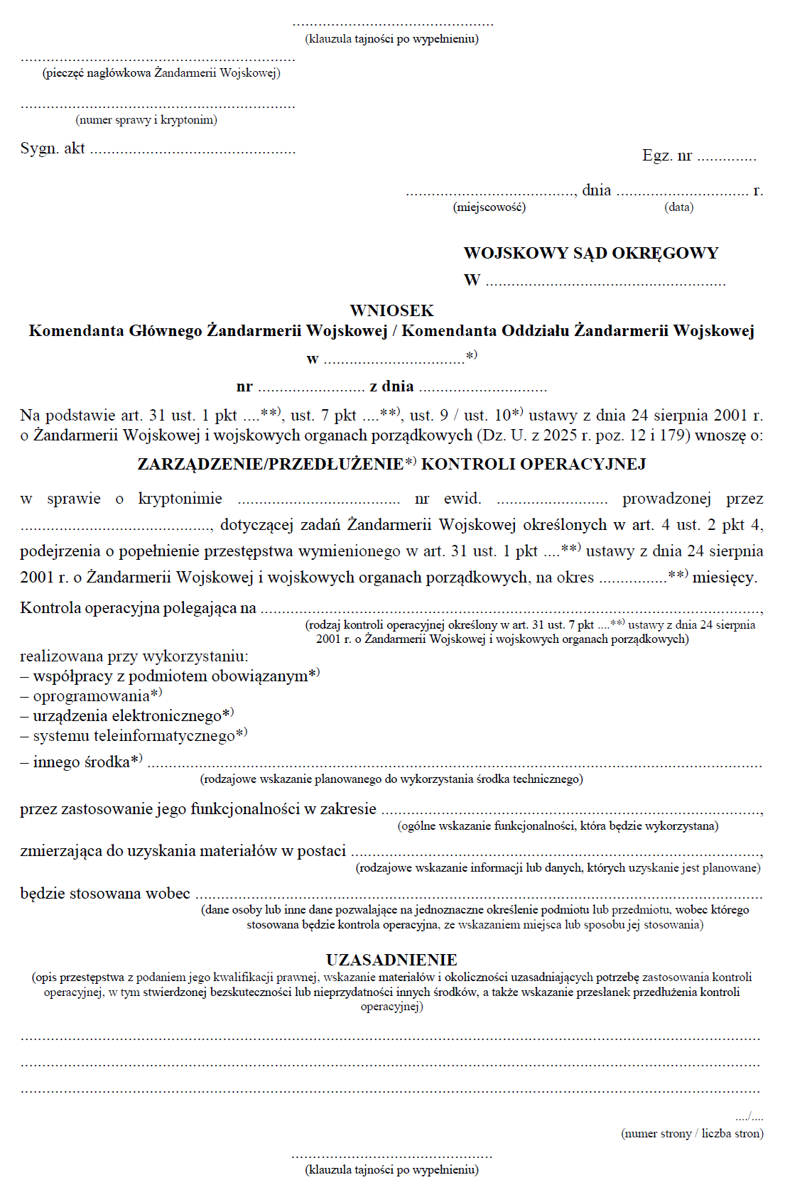 Nowe formularze kontroli operacyjnej Żandarmeria Wojskowa 2025 - Dz.U. 1237 | Wzory PDF Word