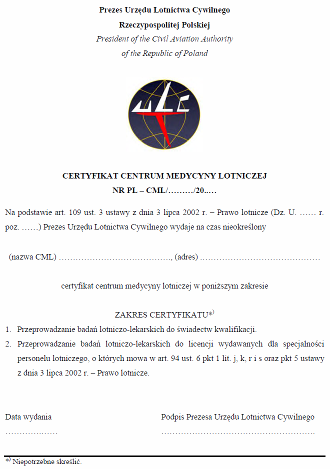 Karta ewidencyjna i certyfikat Centrum Medycyny Lotniczej