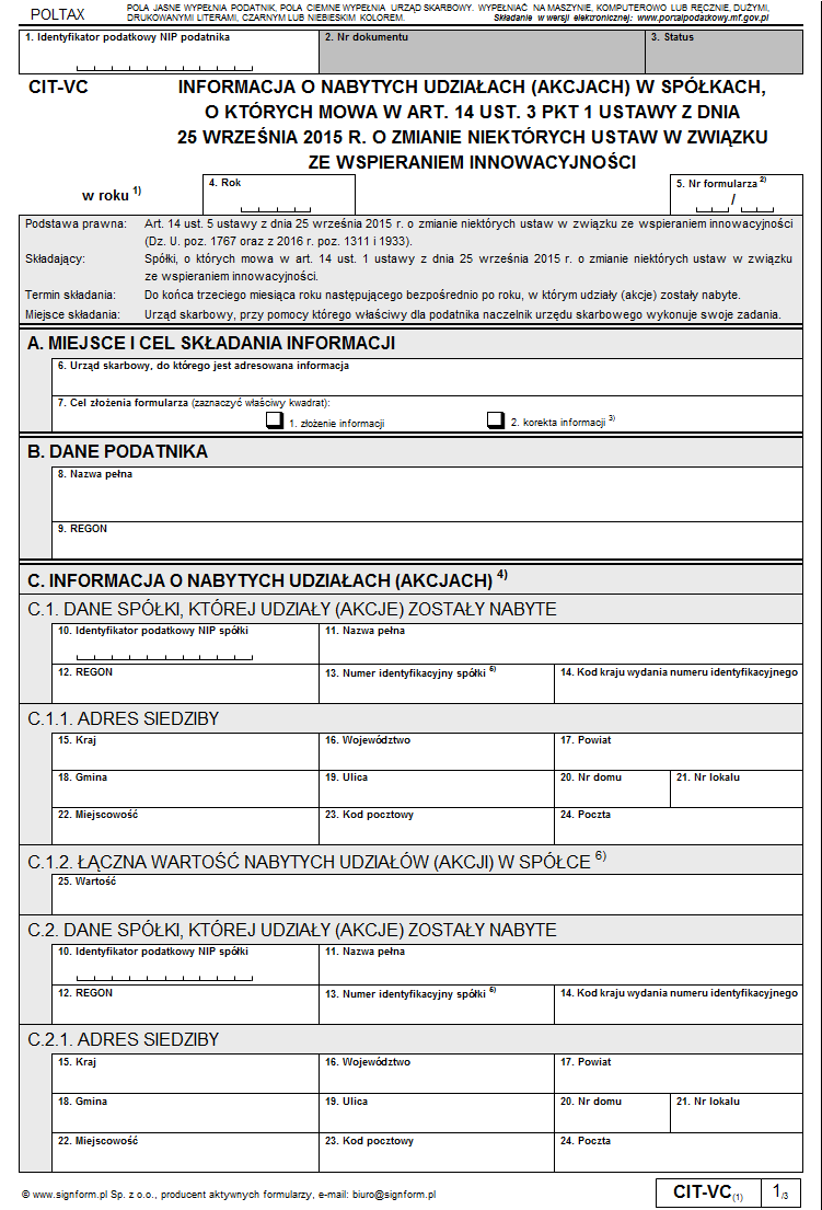 CIT-VC Informacja o nabytych udziałach (akcjach) w spółkach, o których mowa w art. 14 ust. 3 pkt 1 ustawy z dnia 25 września 2015 r. o zmianie niektórych ustaw w związku ze wspieraniem innowacyjności