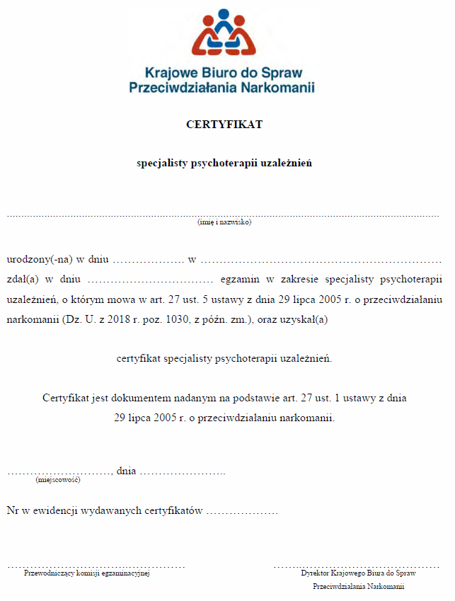Certyfikat instruktora terapii uzależnień, Certyfikat specjalisty psychoterapii uzależnień