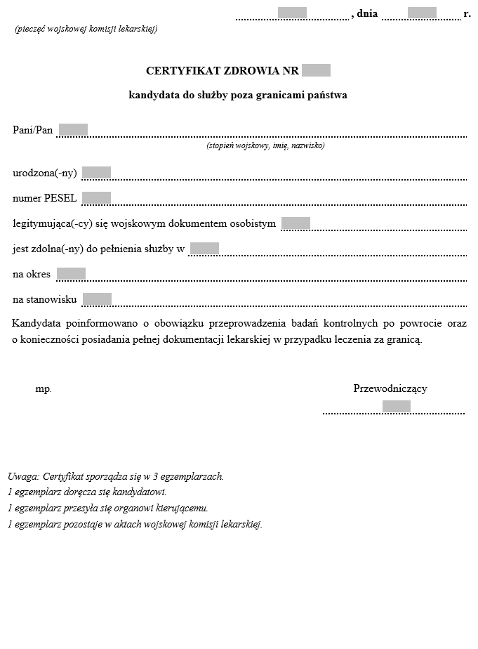 Certyfikat zdrowia kandydata do służby wojskowej poza granicami państwa