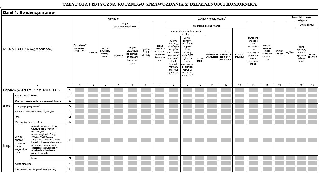 Część statystyczna rocznego sprawozdania z działalności komornika sądowego