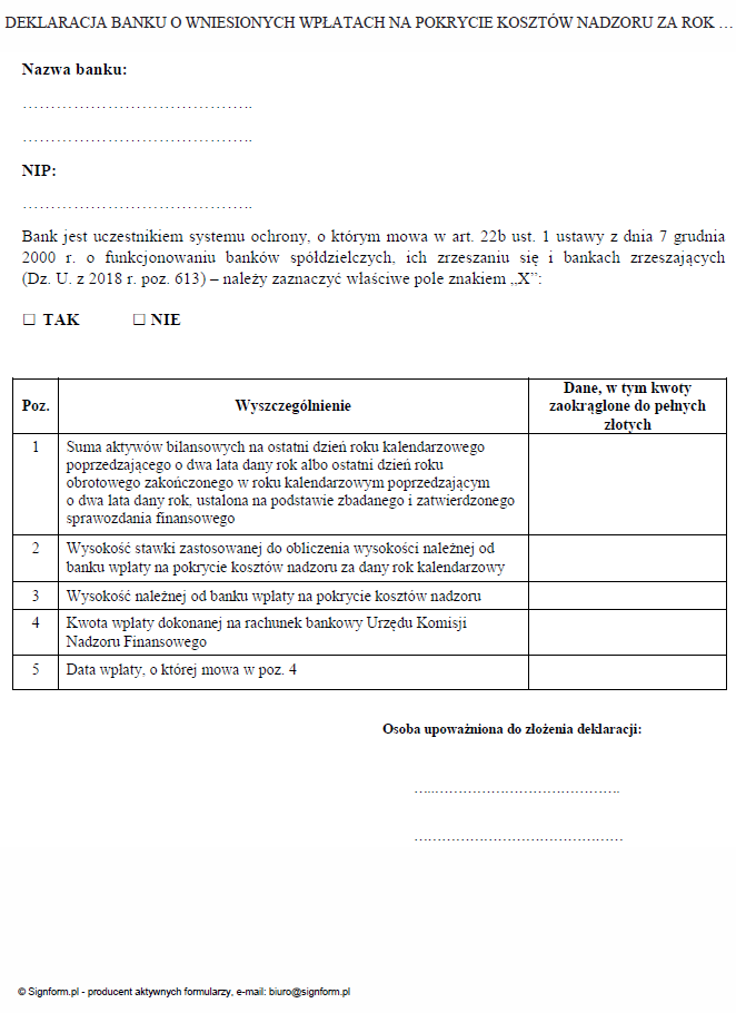 Deklaracja banku o wniesionych wpłatach na pokrycie kosztów nadzoru