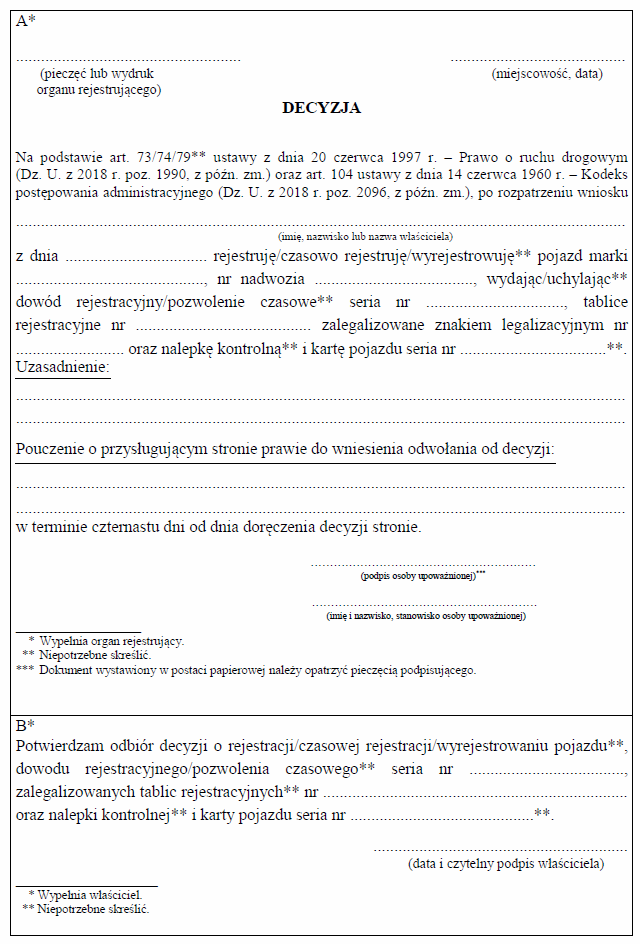 Decyzja o rejestracji, czasowej rejestracji albo wyrejestrowaniu pojazdu