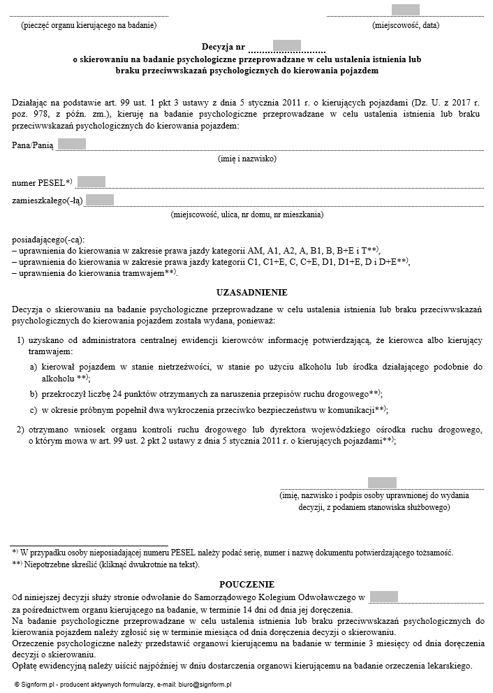 Wzory decyzji o skierowaniu na badania lekarskie w celu ustalenia istnienia lub braku przeciwwskazań psychologicznych do kierowania pojazdami