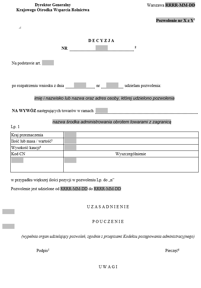 Wniosek / Decyzja o udzielenie pozwolenia / pozwoleń cząstkowych na przywóz / wywóz towarów
