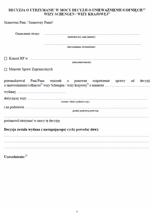 Wzory decyzji dotyczące wizy schengen / wizy krajowej