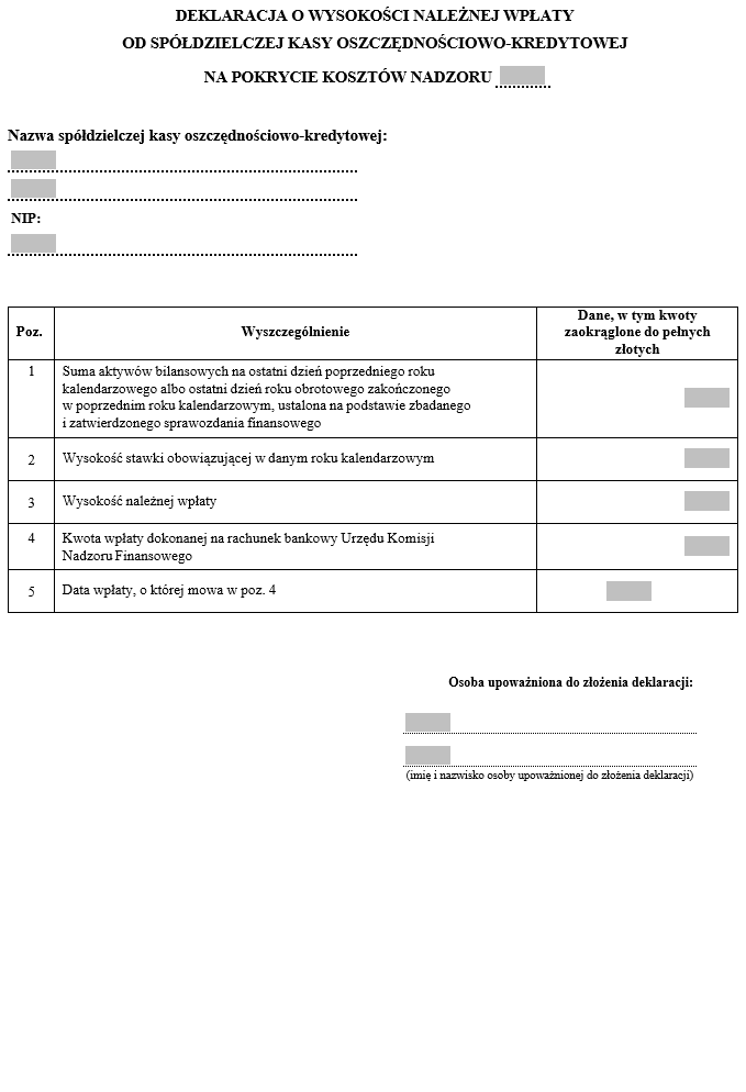 Deklaracja o wysokości należnej wpłaty od SKOK na pokrycie kosztów nadzoru
