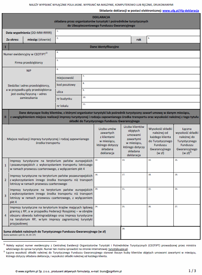 Deklaracja składana przez organizatorów turystyki i pośredników turystycznych do Ubezpieczeniowego Funduszu Gwarancyjnego