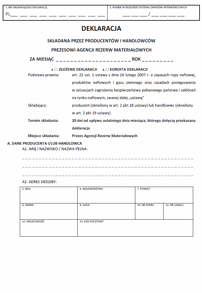 Deklaracja składana przez producentów i handlowców Prezesowi Agencji Rezerw Materiałowych