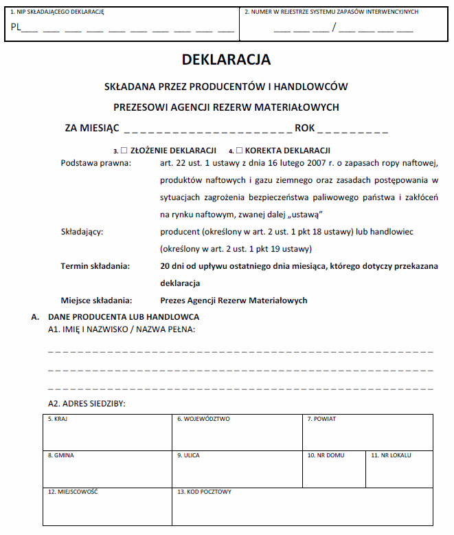 Deklaracja składana przez producentów i handlowców Prezesowi Agencji Rezerw Materiałowych - NOWY WZÓR