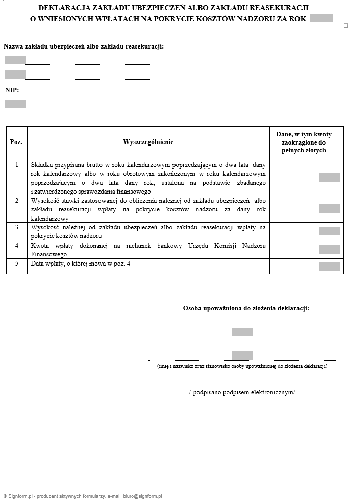 Deklaracja zakładu ubezpieczeń albo zakładu reasekuracji o wniesionych wpłatach na pokrycie kosztów nadzoru