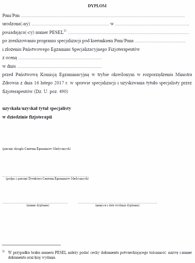 Karta specjalizacji w dziedzinie fizjoterapii, Oświadczenie członka zespołu egzaminacyjnego fizjoterapeutów, Dyplom uzyskania tytułu specjalisty w dziedzinie fizjoterapii