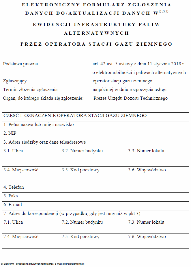 Elektroniczny formularz zgłoszenia danych do aktualizacji danych w ewidencji infrastruktury paliw alternatywnych przez operatora ogólnodostępnej stacji ładowania lub stacji gazu ziemnego