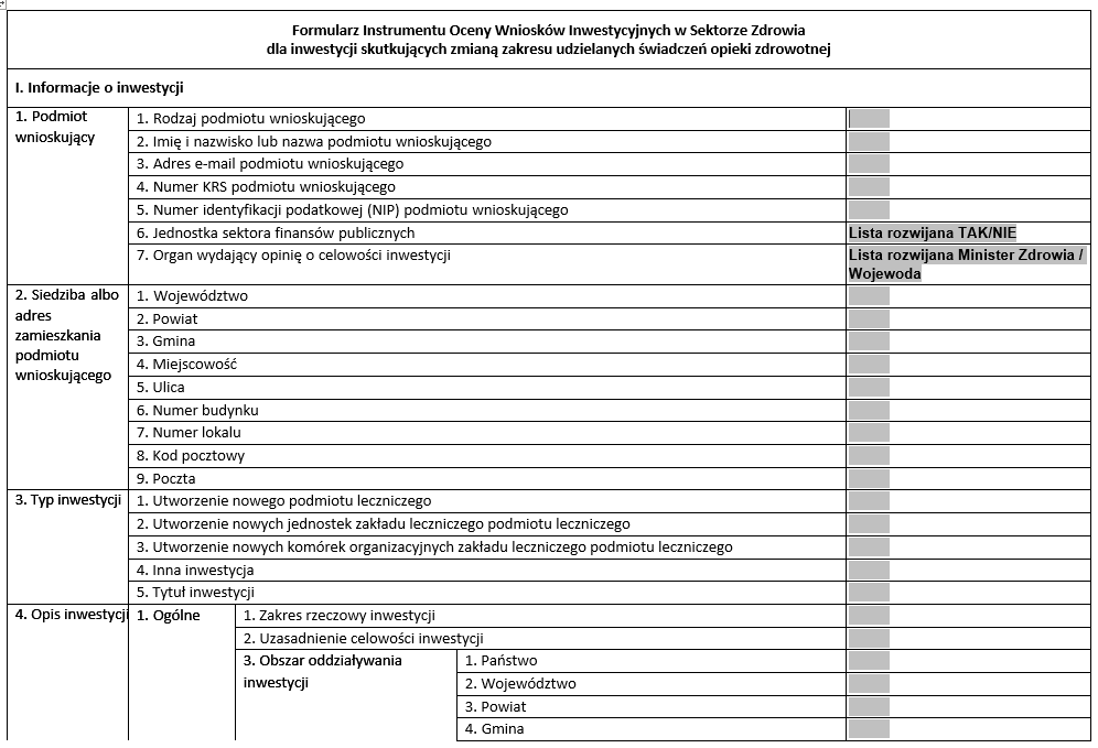 Formularz Instrumentu Oceny Wniosków Inwestycyjnych w Sektorze Zdrowia dla inwestycji skutkujących zmianą zakresu udzielanych świadczeń opieki