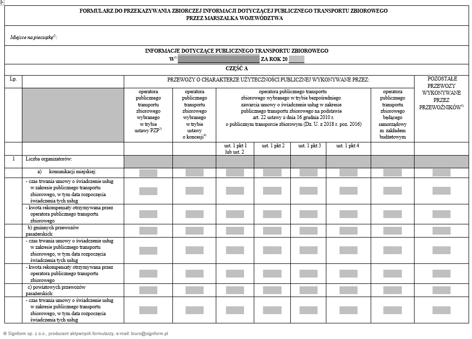 Formularz do przekazywania zbiorczej informacji dotyczącej publicznego transportu zbiorowego przez Marszałka województwa