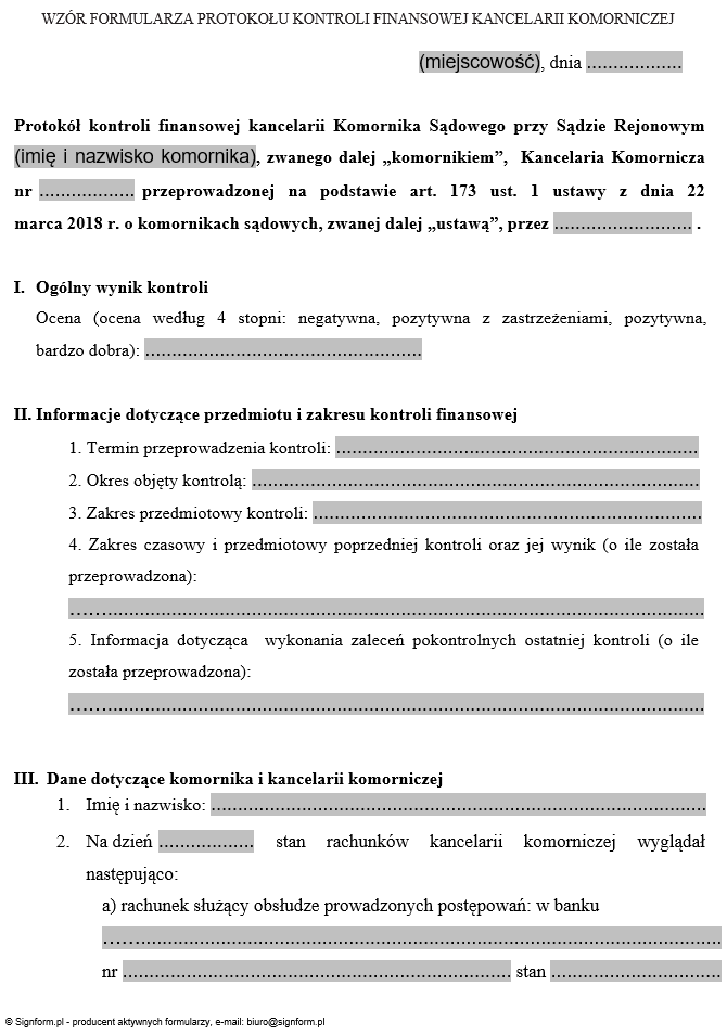Sprawozdanie z wyników nadzoru administracyjnego kancelarii komorniczej, Protokół kontroli okresowej kancelarii komorniczej, Formularz protokołu kontroli finansowej kancelarii komorniczej