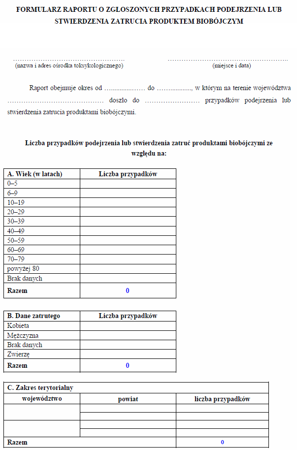 Formularz zgłoszenia przypadku podejrzenia lub stwierdzenia zatrucia produktem biobójczym, Formularz raportu o zgłoszonych przypadkach podejrzenia lub stwierdzenia zatrucia produktem biobójczym