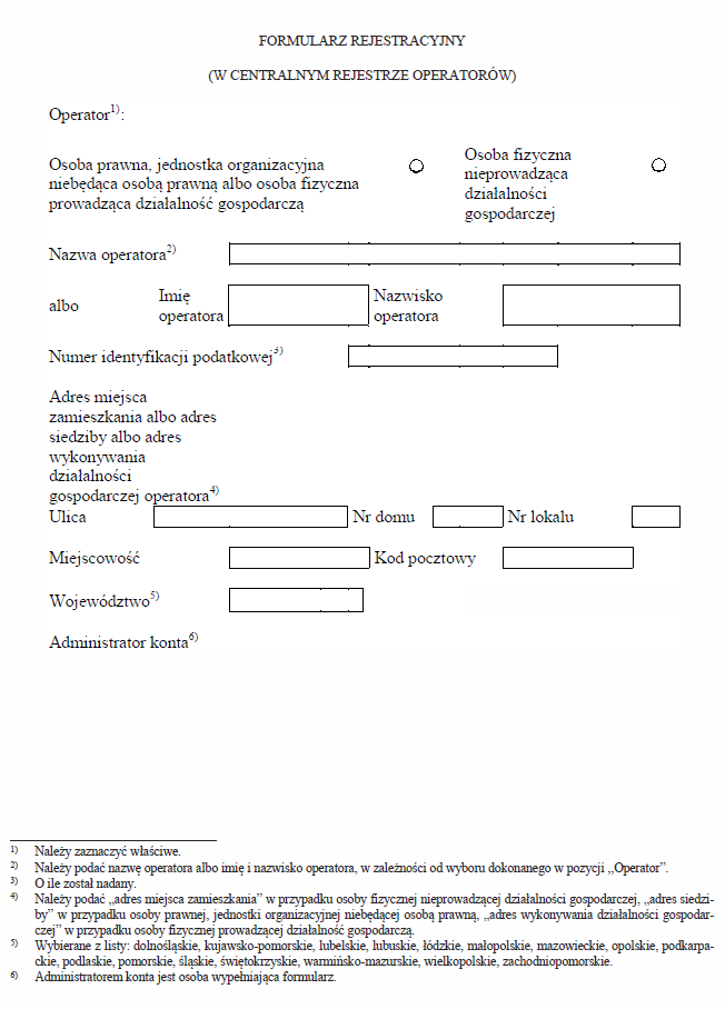 Formularz rejestracyjny w Centralnym rejestrze operatorów urządzeń i systemów ochrony przeciwpożarowej