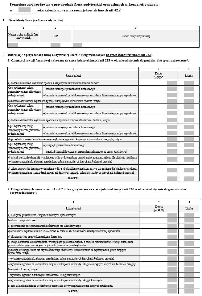 Formularz sprawozdawczy o przychodach firmy audytorskiej oraz usługach wykonanych przez nią na rzecz JZP / jednostek innych niż JZP