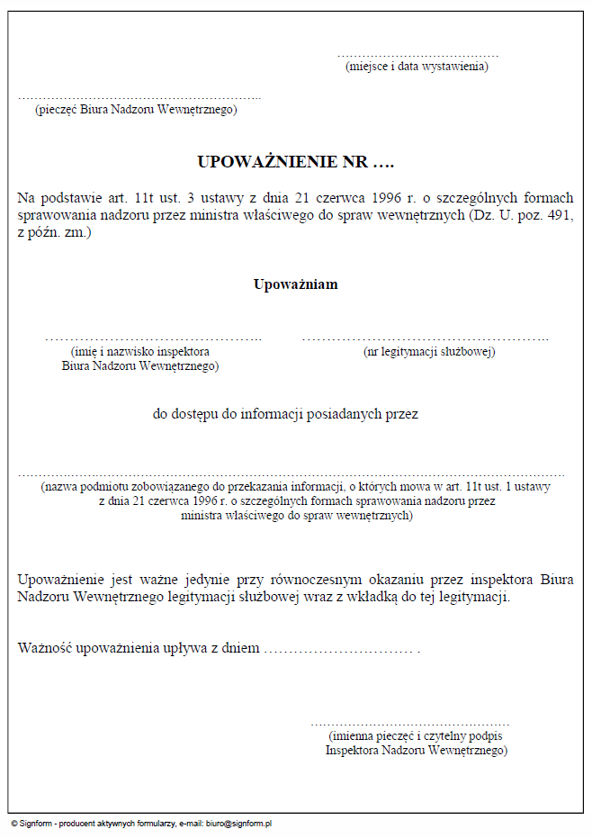 Imienne upoważnienie inspektora Biura Nadzoru Wewnętrznego do dostępu do informacji (Biuro Nadzoru Wewnętrznego)