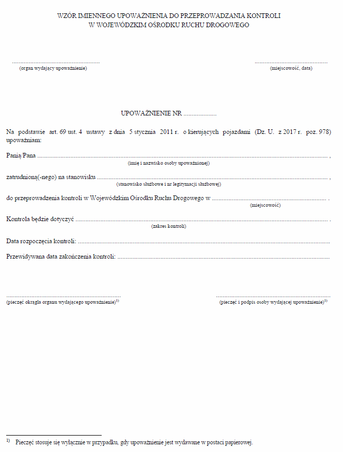 Imienne upoważnienie do przeprowadzenia kontroli w wojewódzkim ośrodku ruchu drogowego