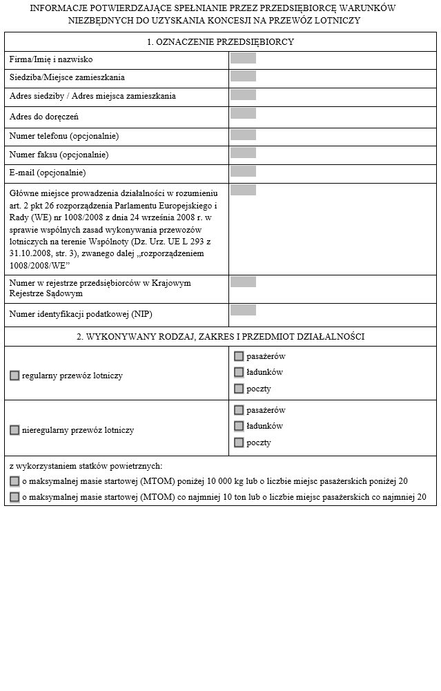 Informacje potwierdzające spełnianie przez przedsiębiorcę warunków niezbędnych do uzyskania koncesji na przewóz lotniczy