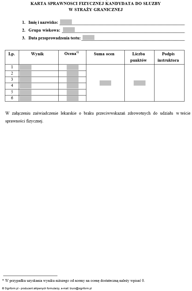 Karta sprawności fizycznej kandydata do służby w straży granicznej