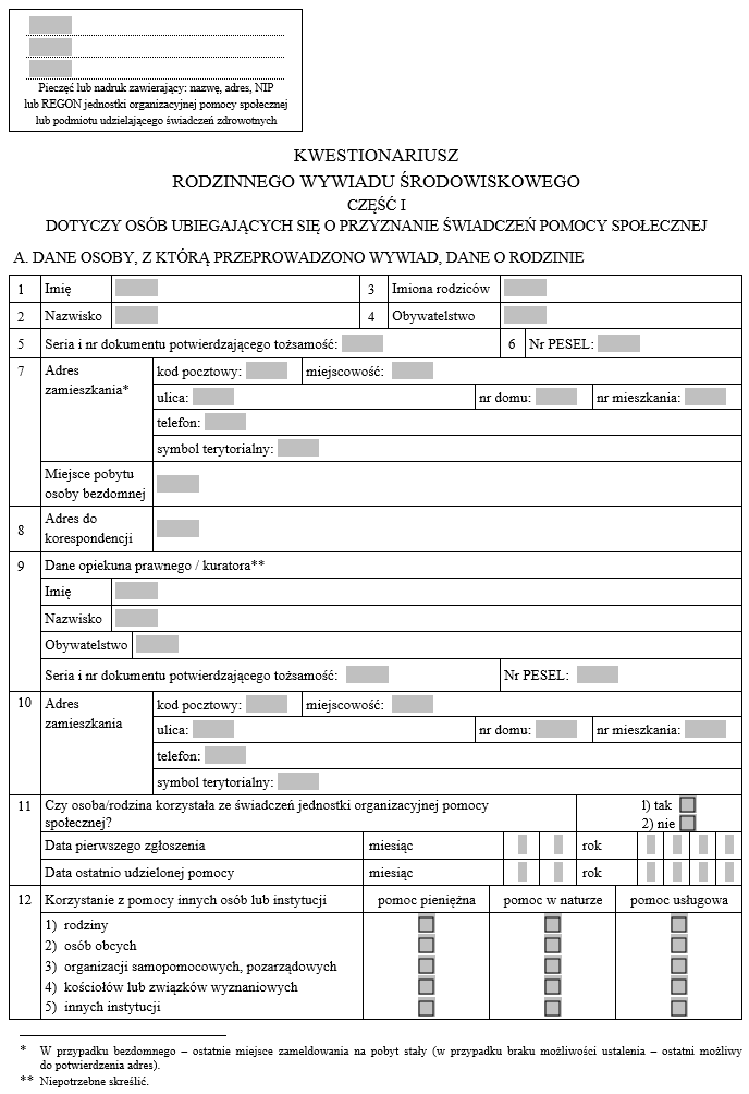 Kwestionariusz rodzinnego wywiadu środowiskowego, Oświadczenie przeprowadzenia rodzinnego wywiadu środowiskowego w postaci elektronicznej i Oświadczenie o stanie majątkowym