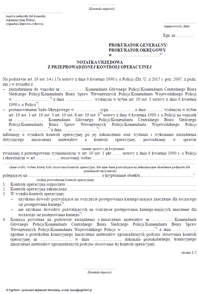 Wzory dokumentowania prowadzonej przez Policję kontroli operacyjnej