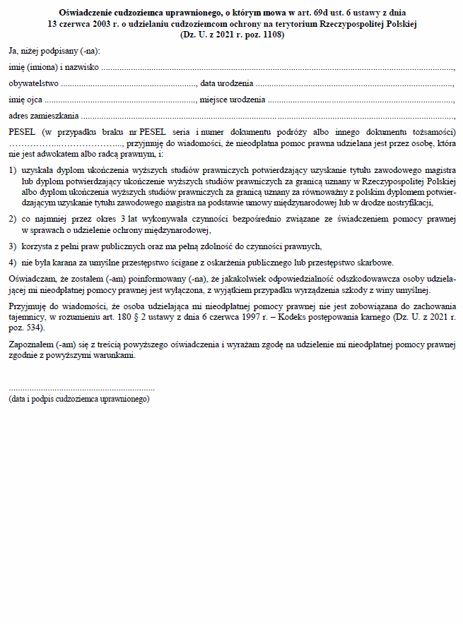 Oświadczenie cudzoziemca uprawnionego, o którym mowa w art. 69d ust. 4-6 ustawy z dnia 13 czerwca 2003 r. o udzielaniu cudzoziemcom ochrony na terytorium RP