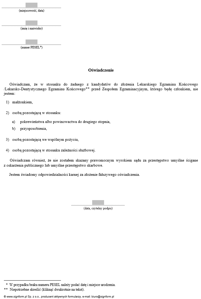 Oświadczenie członka zespołu egzaminacyjnego do złożenia Lekarskiego Egzaminu Końcowego / Lekarsko-Dentystycznego Egzaminu Końcowego