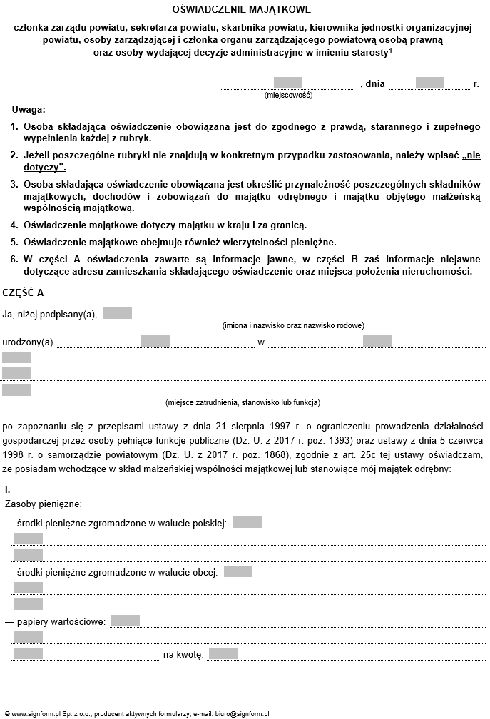 Oświadczenie majątkowe radnego powiatu, członka zarządu, sekretarza, skarbnika, kierownika jednostki organizacyjnej powiatu, osoby zarządzającej i członka organu zarządzającego powiatową osobą prawną