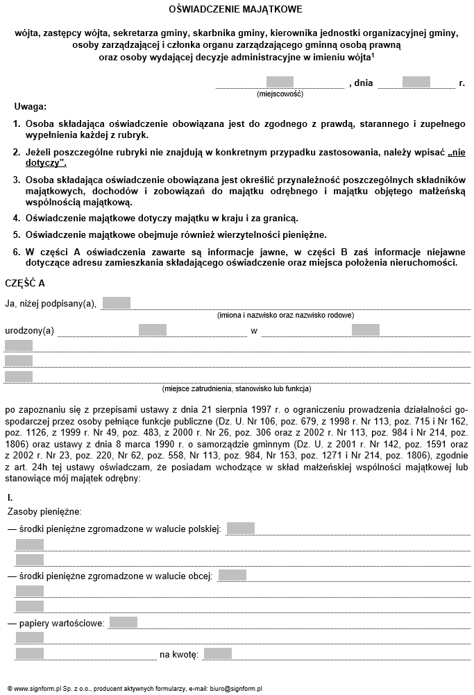 Oświadczenie majątkowe radnego gminy, wójta, zastępcy wójta, sekretarza gminy, skarbnika gminy, kierownika jednostki organizacyjnej gminy