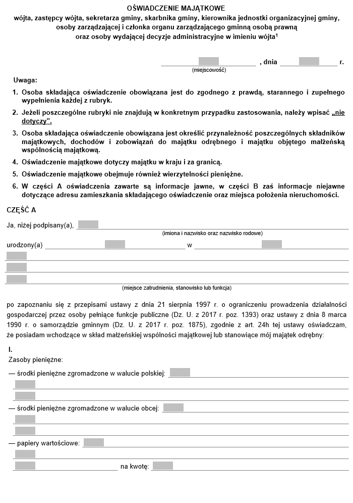 Oświadczenie majątkowe radnego gminy, Oświadczenie majątkowe wójta, zastępcy wójta, sekretarza gminy, skarbnika gminy, kierownika jednostki org. gminy, osoby zarządzającej i członka organu zarządzającego gminną osobą prawną oraz osoby wydającej decyzje ad