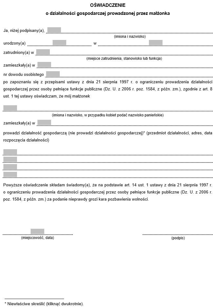 Wzory formularzy oświadczeń o prowadzeniu działalności gospodarczej i o stanie majątkowym