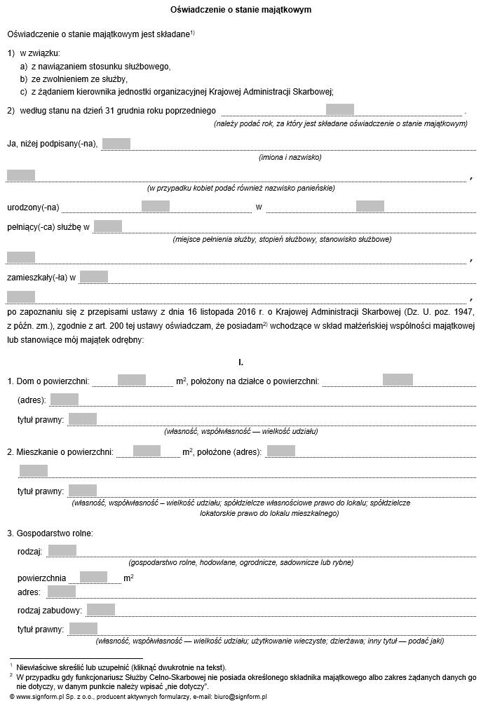 Oświadczenie o stanie majątkowym funkcjonariusza Służby Celno-Skarbowej