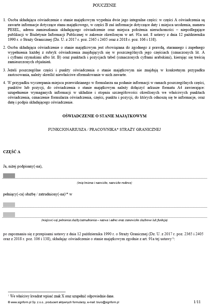 Oświadczenie o stanie majątkowym funkcjonariusza / pracownika Straży Granicznej