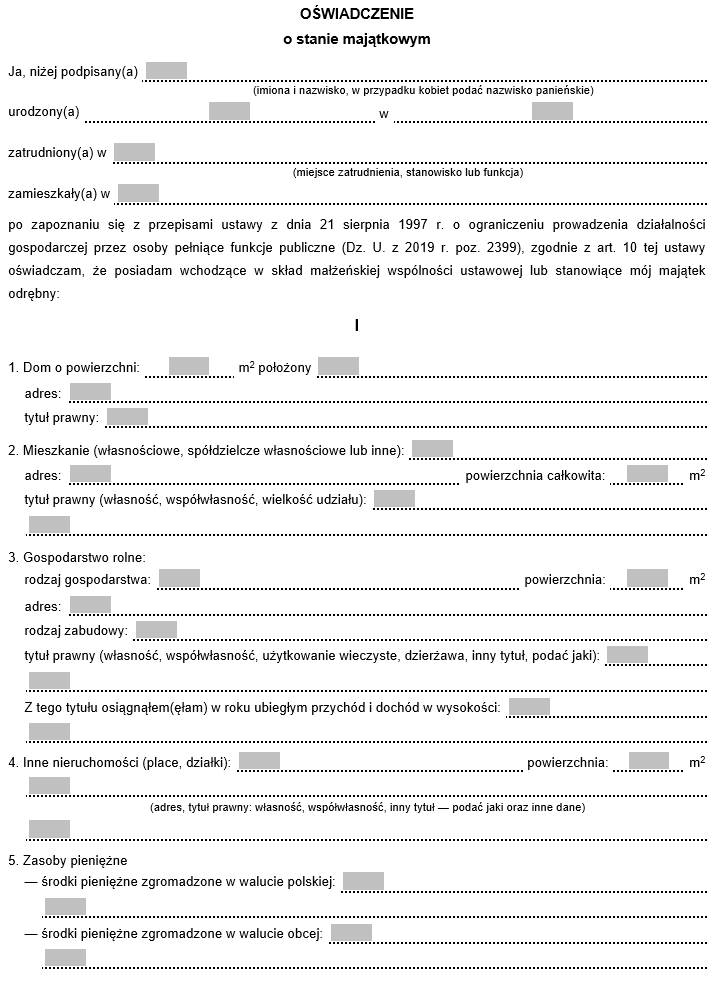 Oświadczenie o stanie majątkowym małżonka osoby pełniącej funkcje publiczne WZÓR
