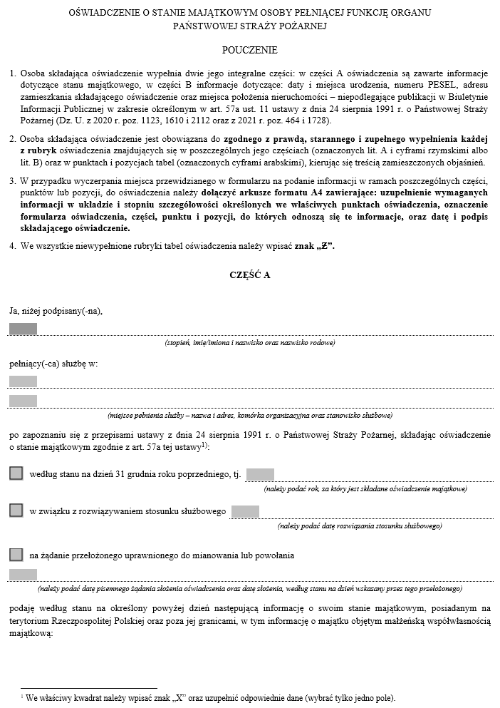 Wzory oświadczeń o stanie majątkowym strażaków Państwowej Straży Pożarnej