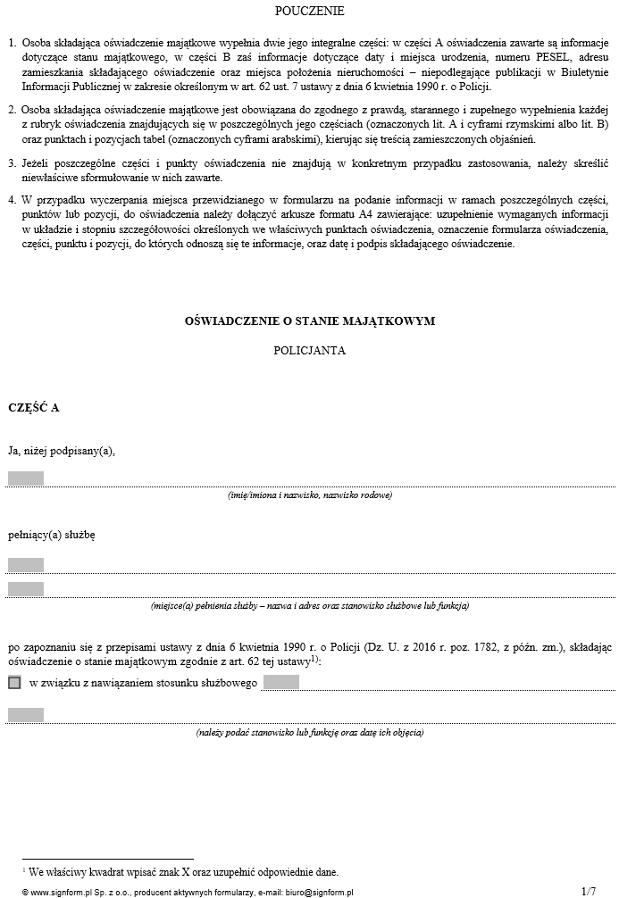 Oświadczenie o stanie majątkowym policjanta