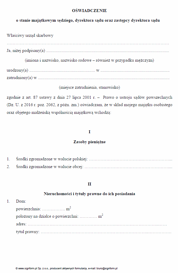 Oświadczenie o stanie majątkowym sędziego, dyrektora sądu oraz zastępcy dyrektora sądu