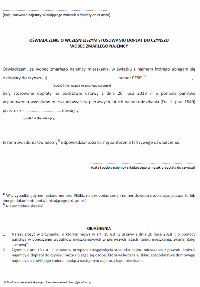 Wzory dopłat do czynszu oraz wzory oświadczeń i zobowiązania dołączane do wniosku o dopłaty do czynszu ponoszonych w pierwszych latach najmu mieszkania