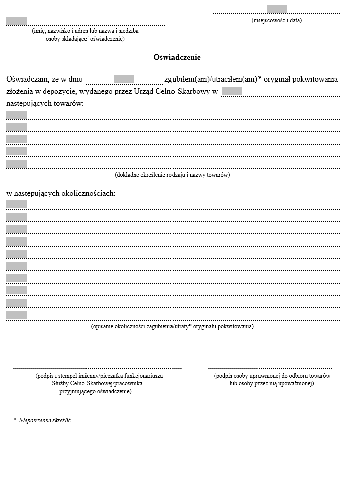 Pokwitowanie depozytu złożonego w urzędzie celno-skarbowym, Oświadczenie o zgubieniu utraceniu oryginału pokwitowania złożenia w depozycie, wydanego przez Urząd Celno-Skarbowy